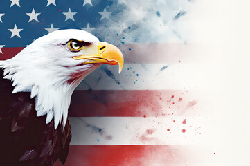 Abstract red white and blue patriotic background with bald eagle created with Generative AI technology