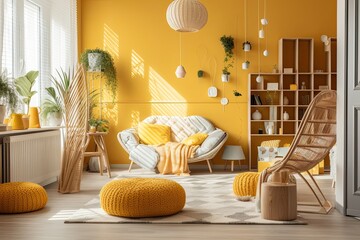 Canvas Print - cozy living room with vibrant yellow walls and matching furniture. Generative AI