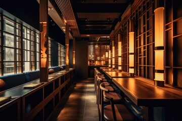 Poster - dimly lit conference room with a long row of tables and chairs. Generative AI