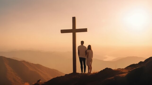 couple looking at the cross of Jesus, christian concept, generative ai