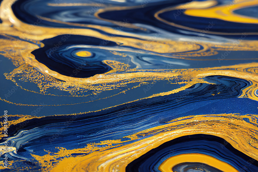 Blue and golden acrylic liquid ink swirl abstract background with ...