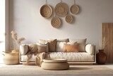 Fototapeta  - modern living room with a white couch and decorative baskets on the wall. Generative AI