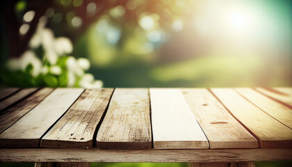 Wall Mural - Empty old wooden table with defocused summer background