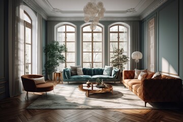 Wall Mural - cozy living room with natural light and comfortable furniture. Generative AI