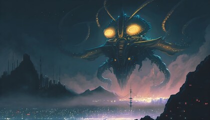 Wall Mural - sci-fi scene. alien ship invading night city, illustration painting, Generative AI