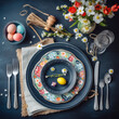 Easter table setting with spring flowers and cutlery on dark blue background top view flat lay