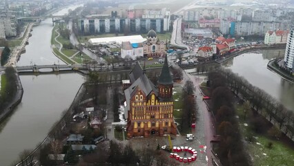 Wall Mural - Cathedral in Kaliningrad. Medieval architecture of European city of Konigsberg aerial view from drone