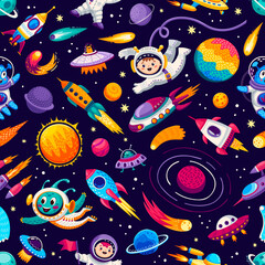 Wall Mural - cartoon kids space and galaxy seamless pattern. vector cosmic repeated background with funny astrona
