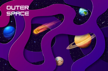 Wall Mural - outer space paper cut poster with galaxy planets and stars. 3d vector background with universe insid