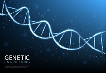 Glow DNA Helix, Cell Or Molecule Genes Abstract Vector Background Of Biotechnology, Biology And Genetic Medicine Science. Chromosome Spiral Strand Of DNA Helix With Blue Neon Light Particles