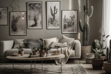 Canvas Print - plant-filled living room with an artistic touch. Generative AI