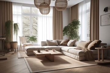 Canvas Print - cozy living room with ample natural light from a large window. Generative AI