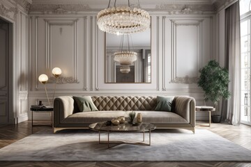 Poster - luxurious living room with elegant furniture and a sparkling chandelier. Generative AI