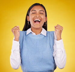 Poster - Happy, winner and yes with woman in studio for success, excited and celebration cheering. Wow, fist pump and achievement with female on yellow background for victory, promotion and good news