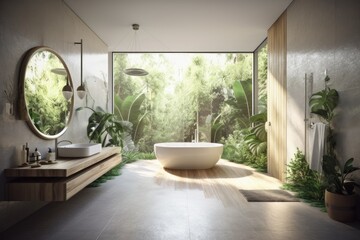 Wall Mural - Spacious Bathroom with Bathtub and Large Mirror. Generative AI