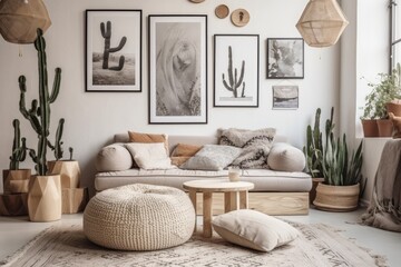 Poster - cozy living room decorated with furniture and plants. Generative AI