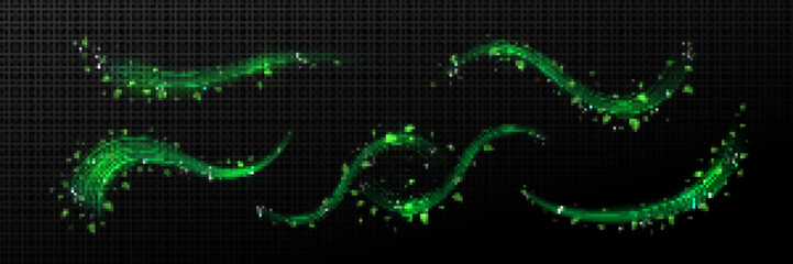 Wall Mural - realistic set of abstract green waves with leaves isolated on transparent background. vector illustr