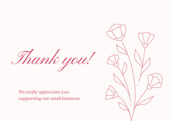 Wall Mural - Thank you pink flower blossom card banner vintage romantic line design template vector illustration.