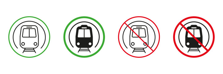 Metro Red and Green Road Warning Signs. Public Subway, Underground Station. Railway Transportation Permit and Not Allowed Signs. Train Line and Silhouette Icons Set. Isolated Vector Illustration