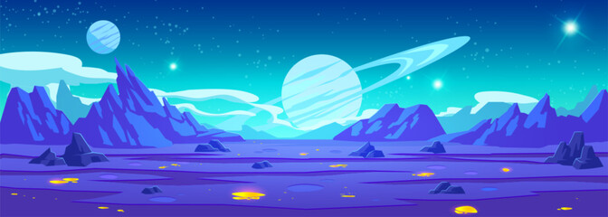 Wall Mural - purple alien space planet game cartoon background. fantasy world landscape with mountain and rock la
