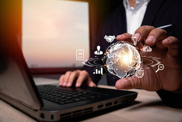 Leinwandbilder - Hand holding virtual Global Internet connection metaverse. Business global internet connection application technology and digital marketing, Financial and banking, Digital link tech, big data