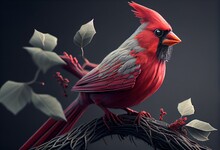 Cardinal Bird On A Tree Limb, Gray Background, Illustration Created With Generative AI Technology