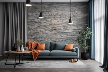 Wall Mural - cozy living room with a blue couch and stone wall decor. Generative AI