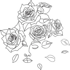 Wall Mural - Line art girl face with roses