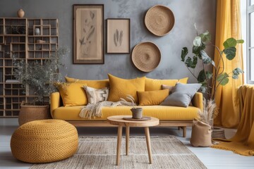 Sticker - cozy living room with vibrant yellow accents. Generative AI