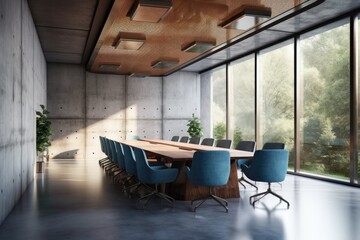 Canvas Print - Conference Room with Large Wooden Table and Blue Chair. Generative AI