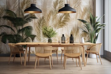 Canvas Print - cozy dining room with a rustic wooden table and comfortable chairs. Generative AI