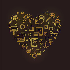 Wall Mural - Car Rental golden Heart outline banner - Rent a Vehicle vector heart-shaped illustration