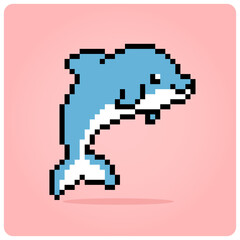 Wall Mural - 8 bit pixel dolphins. Animals for games asset and  Cross Stitch pattern in vector illustrations.