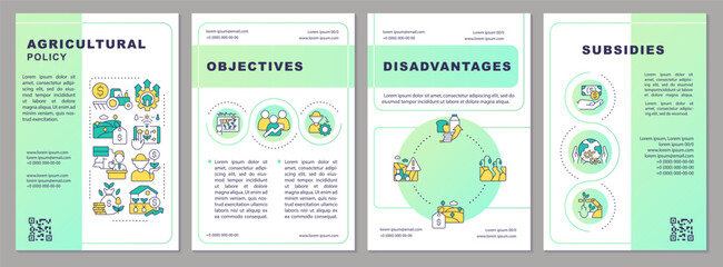 Agricultural policy green gradient brochure template. Framing support Leaflet design with linear icons. 4 vector layouts for presentation, annual reports. Arial, Myriad Pro-Regular fonts used