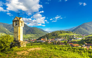 Wall Mural - Scenic View into the Wachau valley with Danube river. Spitz town. Austria.