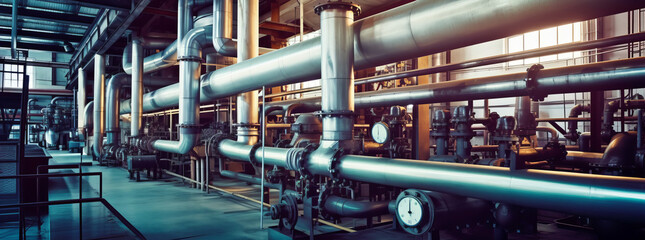 industrial zone, steel pipelines, valves and pumps. a large industrial pipe system in a factory. gen