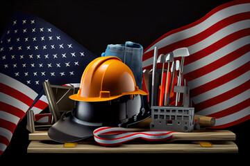 Happy Labor day concept. American flag with different construction tools. Generative Ai