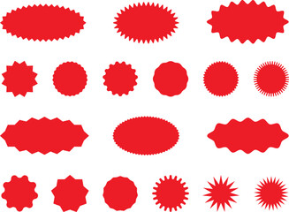 starburst red sticker set - collection of special offer sale oval and round shaped sunburst labels a