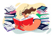 Woman bookworm sitting among textbooks enjoying reading favorite novels or preparing for exams