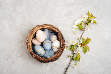 Nest with Easter eggs and cherry twig on gray concrete texture background. Easter concept. Top view, flat lay