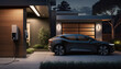 An electric car parked in a driveway with a home wall EV charger visible in the foreground. Generative AI