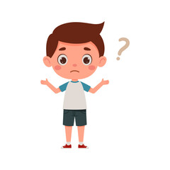 Cute little kid boy confused with question mark. Cartoon schoolboy character show facial expression. Vector illustration