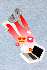 Sticker - Photo collage of young woman addicted jumping virtual blogger inside laptop display famous person like emoji instagram isolated on blue background