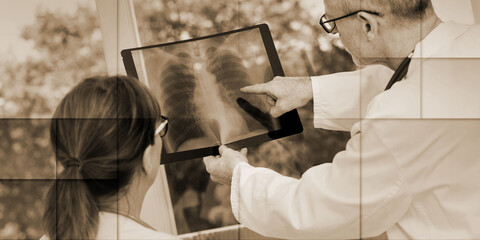 Wall Mural - Two doctors examining x-ray report, geometric pattern