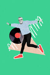 Sticker - Vertical photo collage artwork of funny positive satisfied man dancing flying listening music playlist isolated drawing background