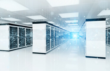Fototapete - Connection network in servers data center room storage systems 3D rendering