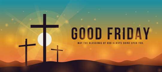 Wall Mural - Good friday - Silhouette three cross crucifix on mountain and sunlight and shine on orange green sky with circles light up to sky texture background vector design