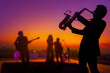 Silhouette saxophone musician man showing on blurry jazz trio band and sunset cityscape background. Double exposure process and copy space.