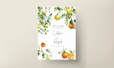 Wall Mural - beautiful wedding invitation card set with botanical fruit watercolor and flower