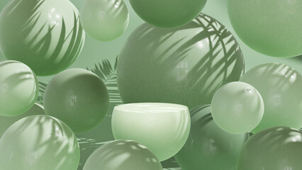 Wall Mural - Empty spherical podium surrounded by floating balls. Green summer background for product presentation. Sunlight and falling shadows from the foliage.